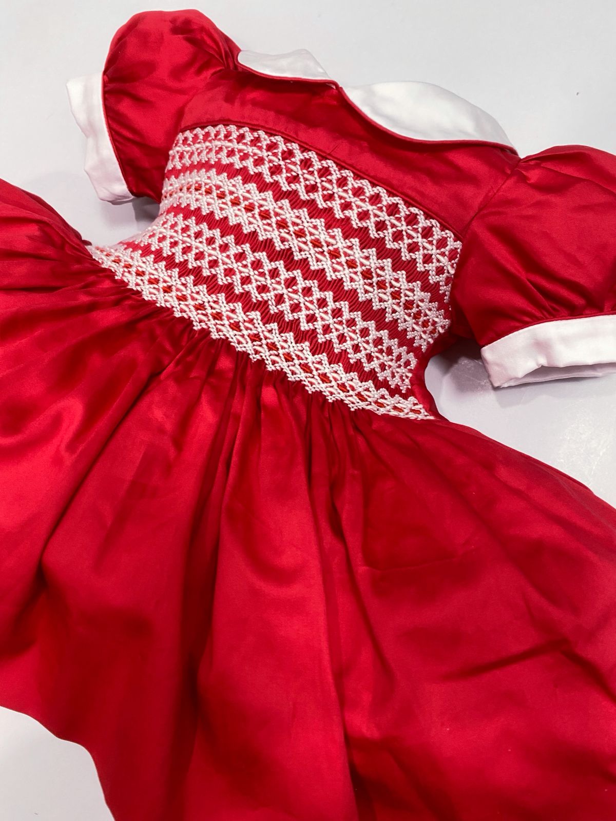 Ruby Red / White Hand Smocked Dress With Knickers & Hair Accessories (Pre Order 1-2 Weeks Delivery)