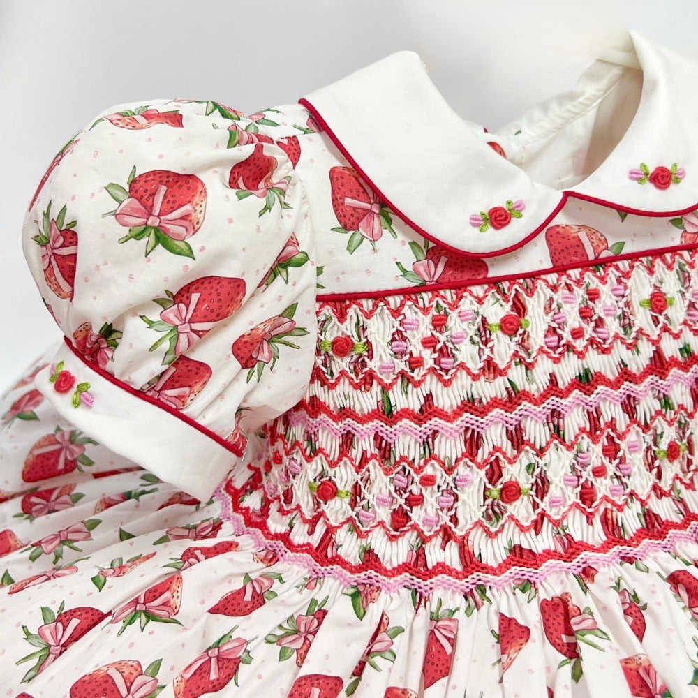 Strawberry Season Hand Smocked Dress With Knickers & Hair Accessories (Pre Order 1-2 Weeks Delivery)