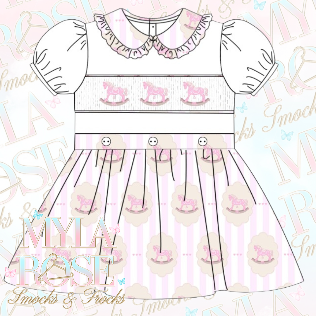 Pink Vintage Rocking Horse Smocked Skirt Set (Pre Order 5-6 Weeks Delivery)