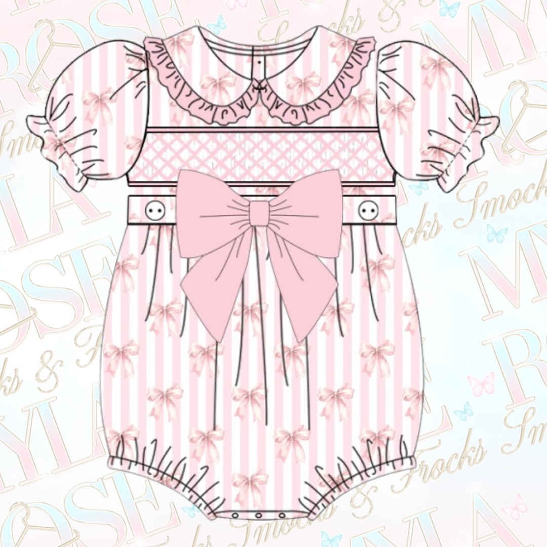Baby Pink Bow Exclusive Smocked Romper (Pre Order 5-6 Weeks Delivery)