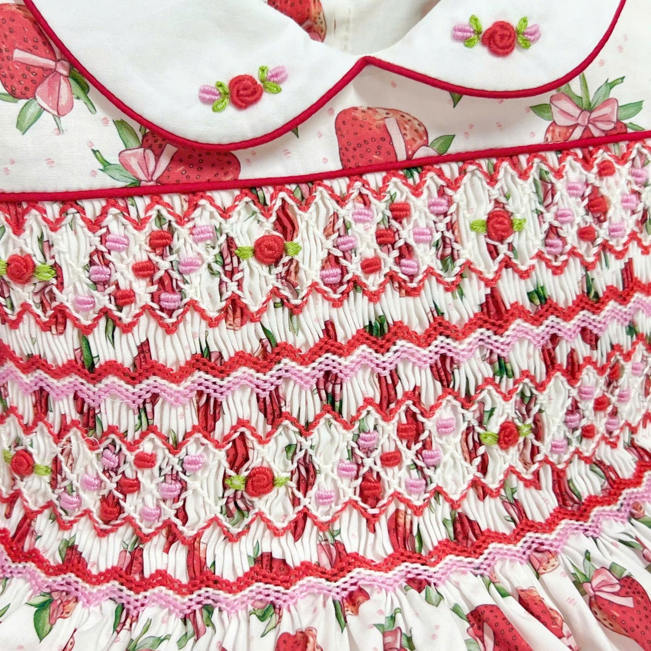 Strawberry Season Hand Smocked Dress With Knickers & Hair Accessories (Pre Order 1-2 Weeks Delivery)