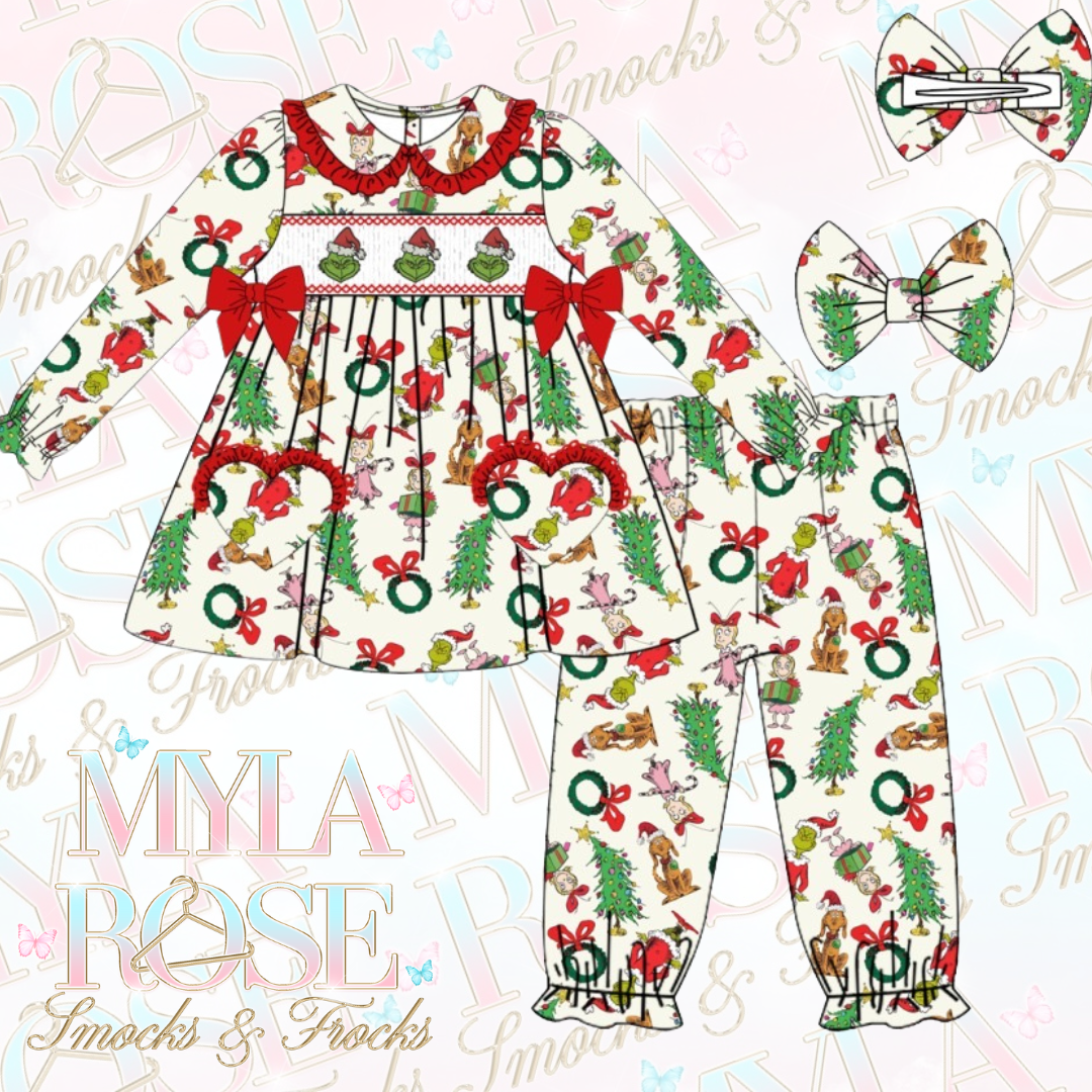 Mean One Girls Exclusive Smocked Pyjamas With Hair Bow (Pre Order 7-8 Weeks Delivery)