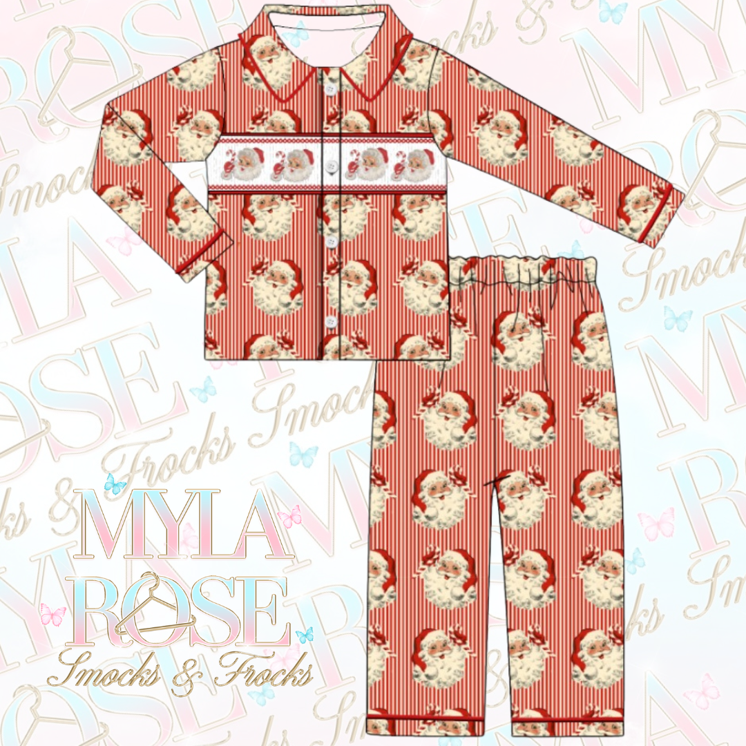 Santa Striped Boys Exclusive Smocked Pyjamas (Pre Order 7-8 Weeks Delivery)
