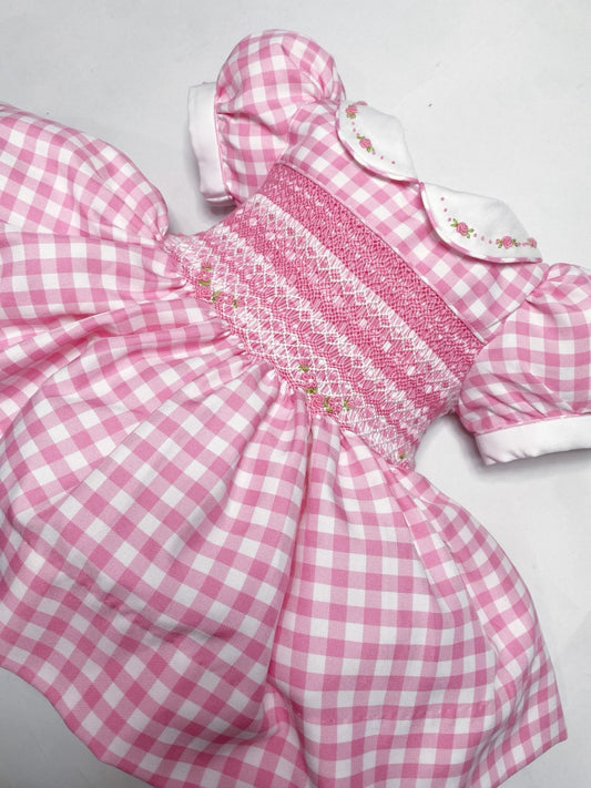 Aurora Pink Checked Hand Smocked Dress With Knickers & Hair Accessories