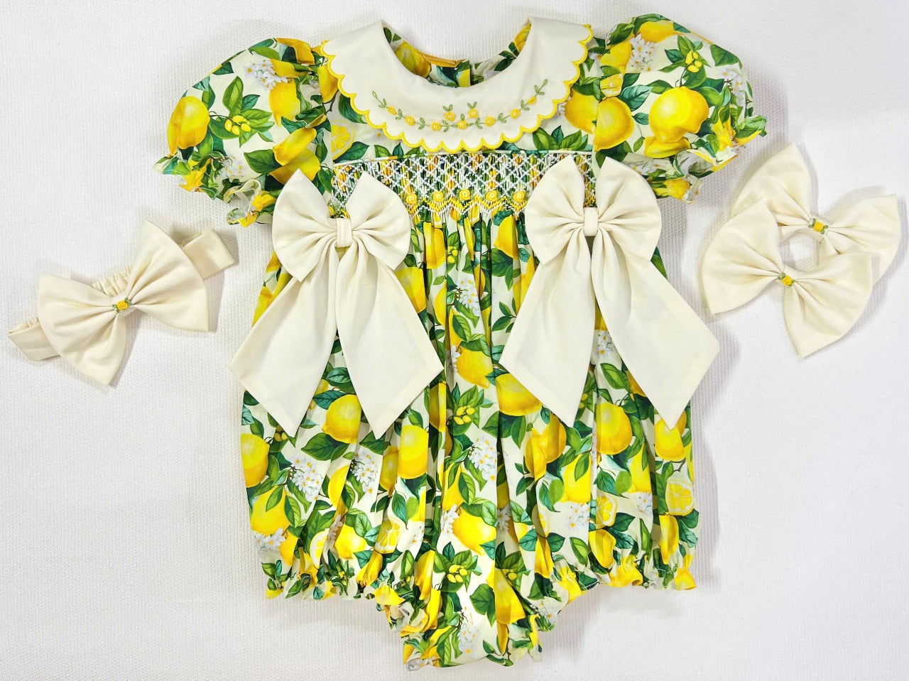 Traditional Lemon Hand Smocked Romper (Pre Order)