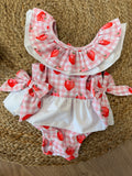 Gingham Strawberry Girls Short Sleeve Swimsuit