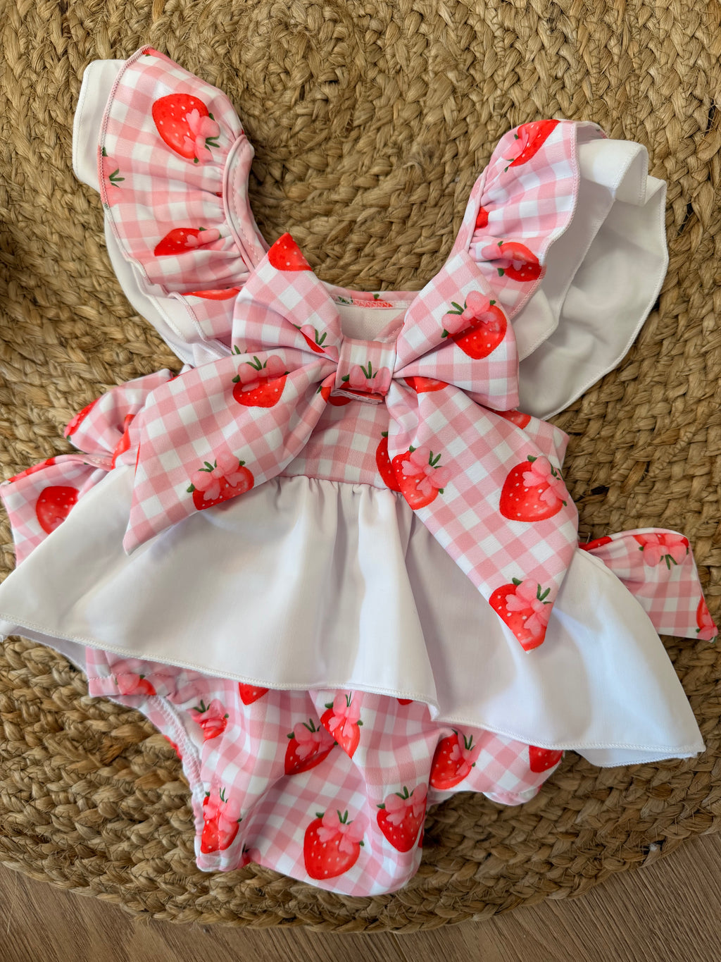 Gingham Strawberry Girls Short Sleeve Swimsuit