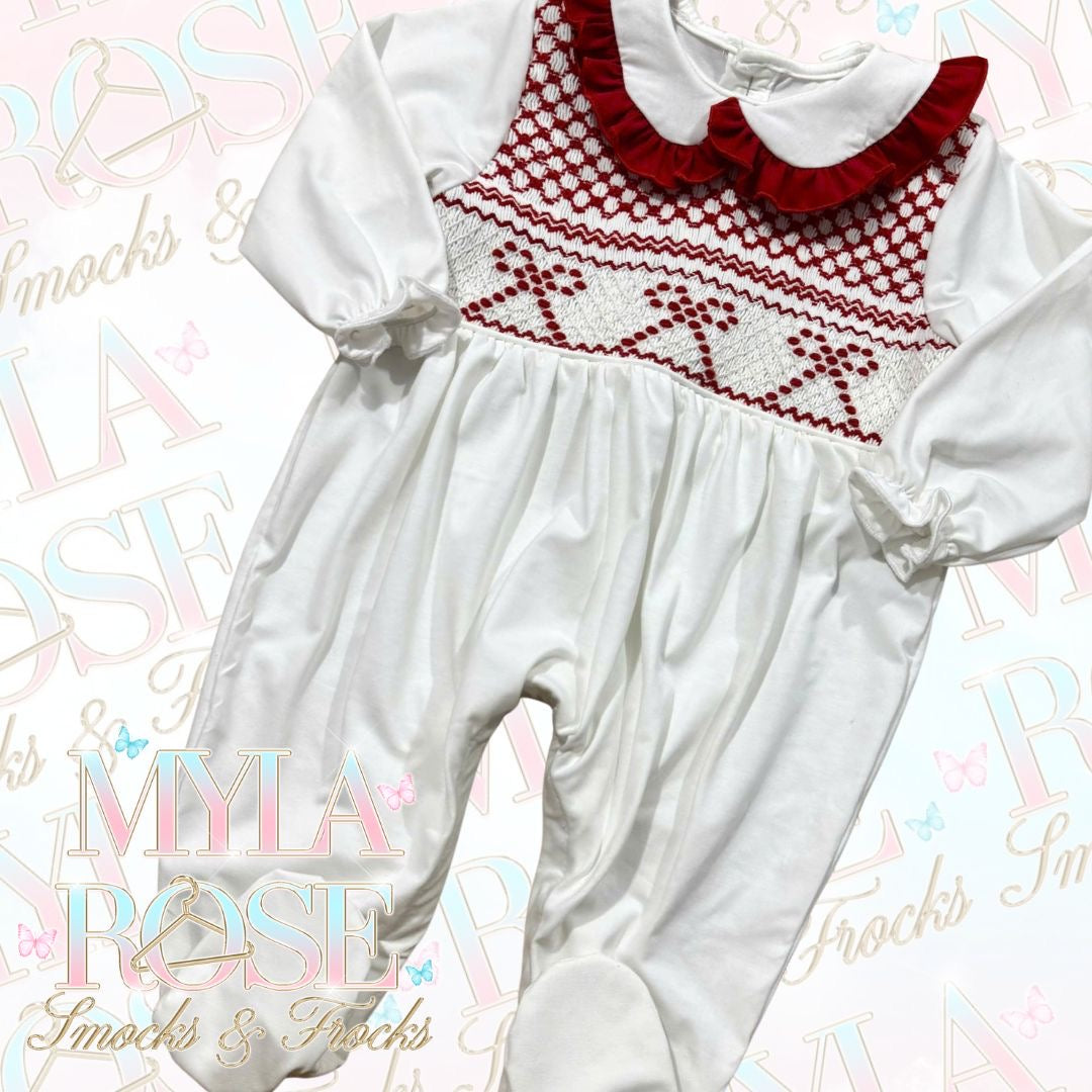 Ruby Red Bow Hand Smocked Baby Grow Set - Baby Grow, Mittens, Bonnet & Bib (Pre Order 4-5 Weeks Delivery)
