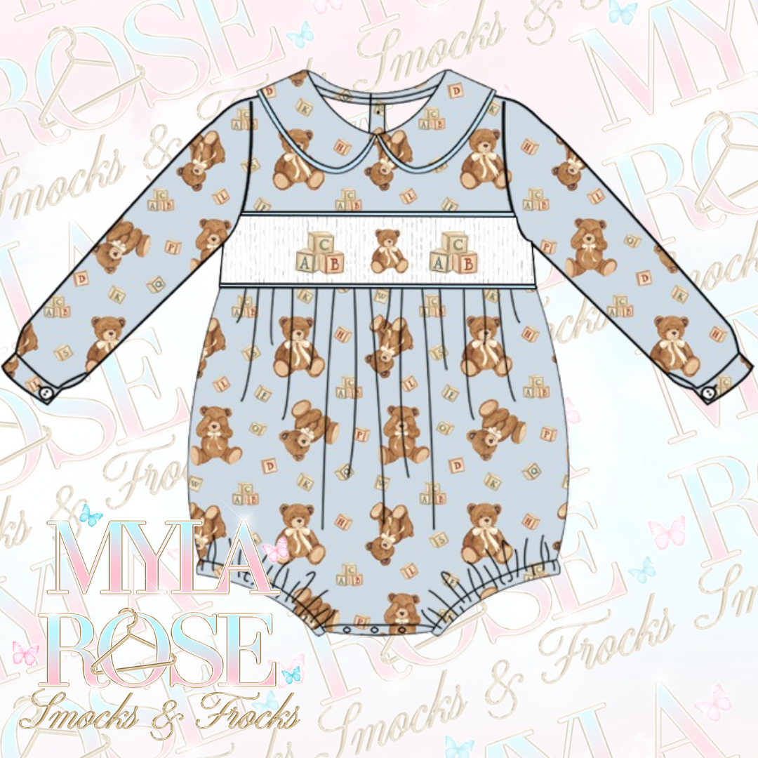 Blue Teddy Smocked Romper (Pre Order 5-6 Weeks Delivery)