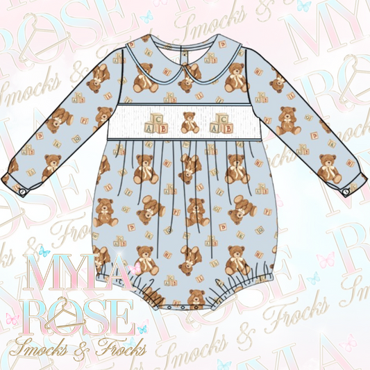 Blue Teddy Smocked Romper (Pre Order 5-6 Weeks Delivery)
