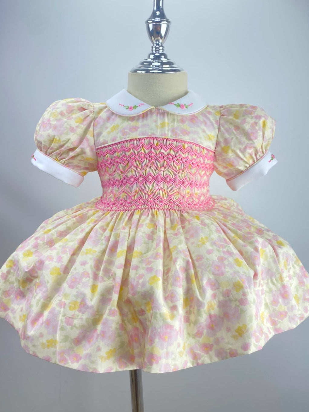Maisie Floral Lemon / Pink Hand Smocked Dress With Knickers & Hair Accessories (Pre Order)