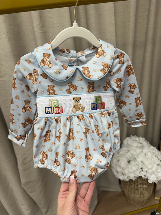 Blue Teddy Smocked Romper