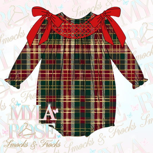 Traditional Red / Green Tartan Smocked Romper (Pre Order 6-7 Weeks Delivery)
