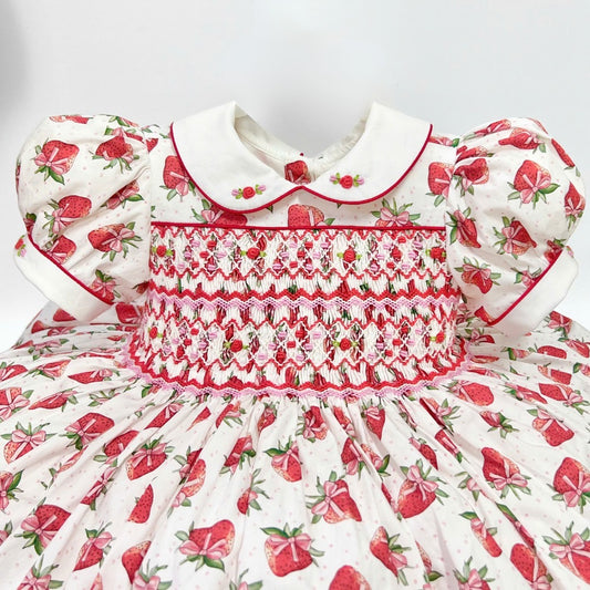 Strawberry Season Hand Smocked Dress With Knickers & Hair Accessories (Pre Order 1-2 Weeks Delivery)