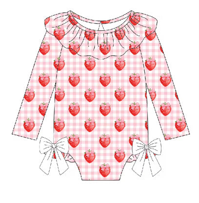 Gingham Strawberry Girls Long Sleeve Swimming Costume (Pre Order)