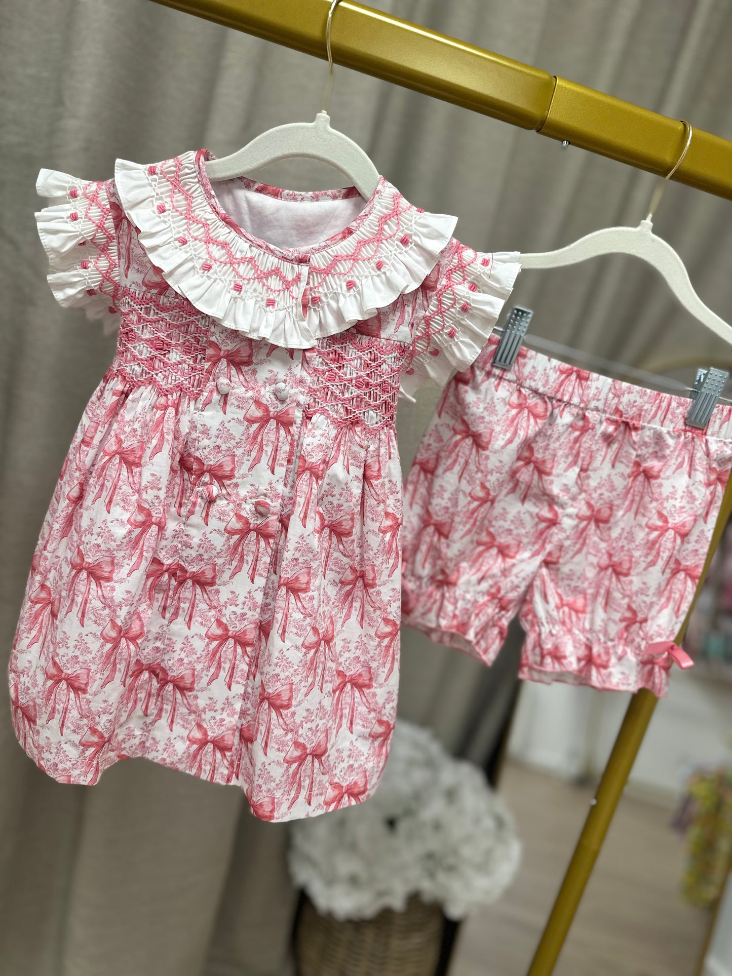 Pink Bow Toile Hand Smocked Dress & Bloomers (Pre Order)