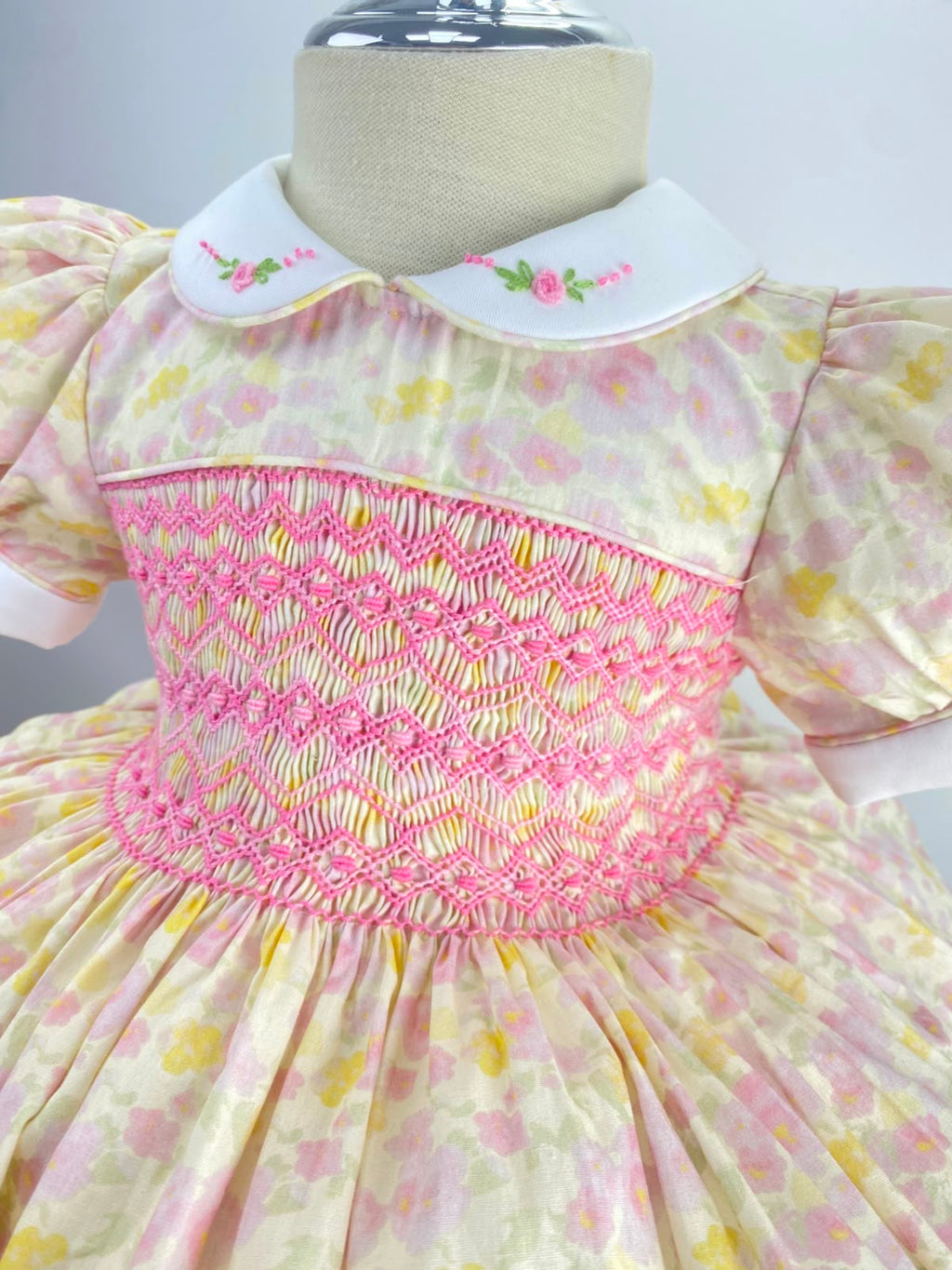 Maisie Floral Lemon / Pink Hand Smocked Dress With Knickers & Hair Accessories (Pre Order)