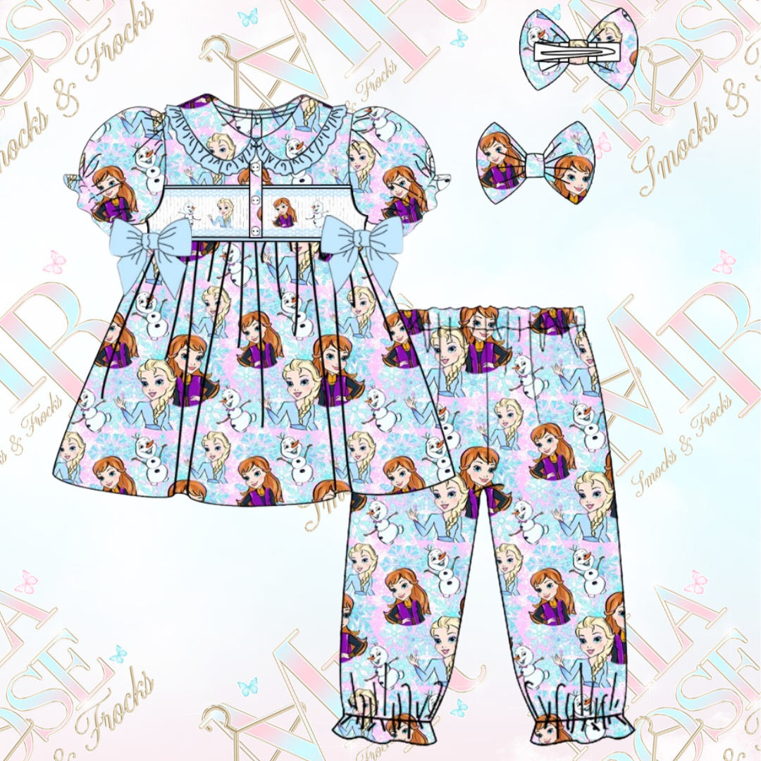 Exclusive Frozen Smocked Pyjama Set With Hair Bow