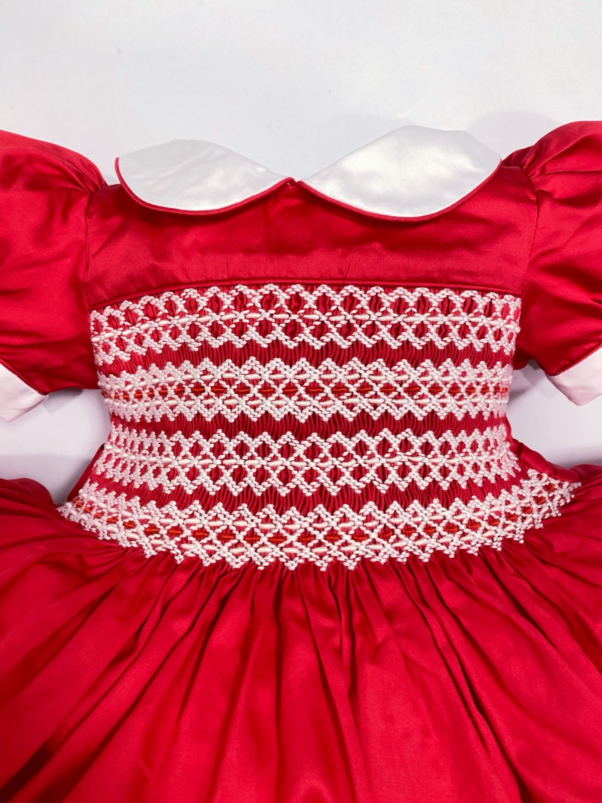 Ruby Red / White Hand Smocked Dress With Knickers & Hair Accessories (Pre Order 1-2 Weeks Delivery)