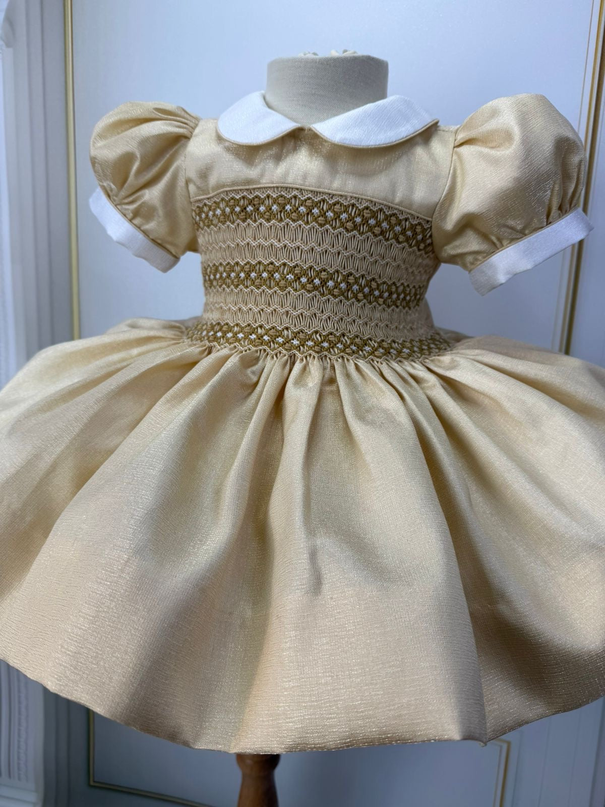 Charlotte Gold Shimmer Hand Smocked Dress With Knickers & Hair Accessories (Pre Order)