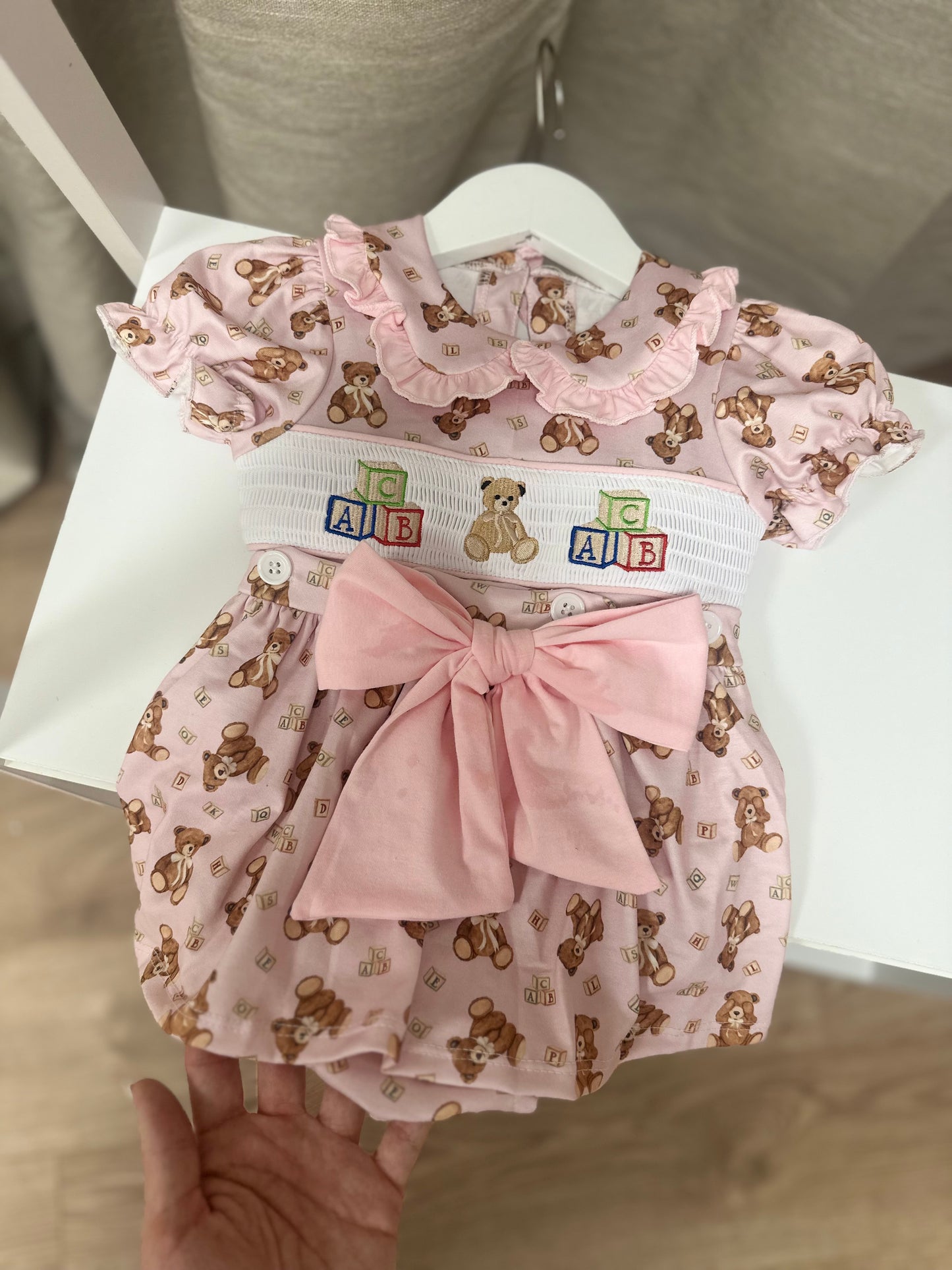 Pink Teddy Smocked Romper Dress