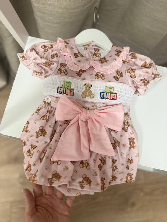 Pink Teddy Smocked Romper Dress