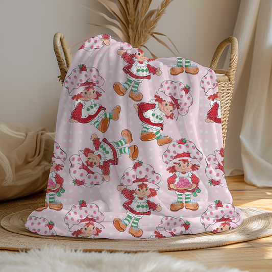 Large Soft Fleece Pink Strawberry Shortcake Blanket (Pre Order 3-4 Weeks Delivery)