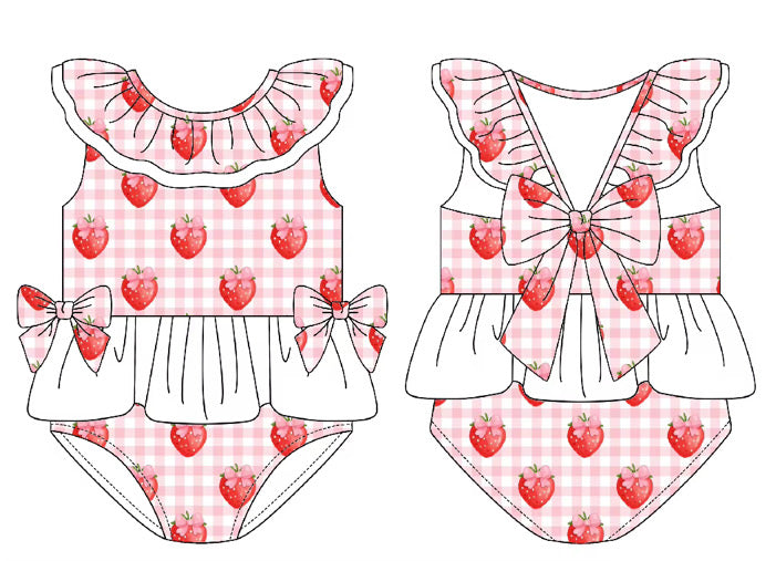 Gingham Strawberry Girls Short Sleeve Swimsuit