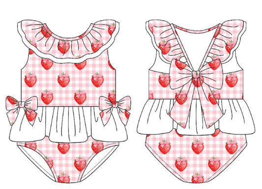 Gingham Strawberry Girls Short Sleeve Swimsuit (Pre Order)