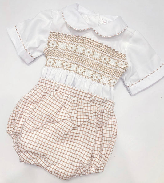 Bruno Exclusive Beige Hand Smocked Two Piece Romper