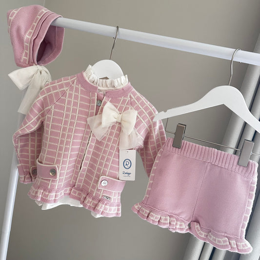 Dusky Pink / Cream 3 Piece Set (Shorts, Blouse, Cardigan) - 24218