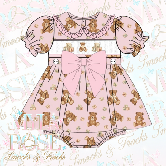 Pink Teddy Smocked Romper Dress (Pre Order 6-7 Weeks Delivery)