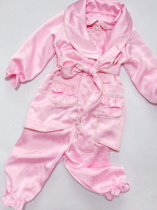 Baby Pink Girls Silk Nightwear Set - Pyjamas, Gown & Hair Accessories