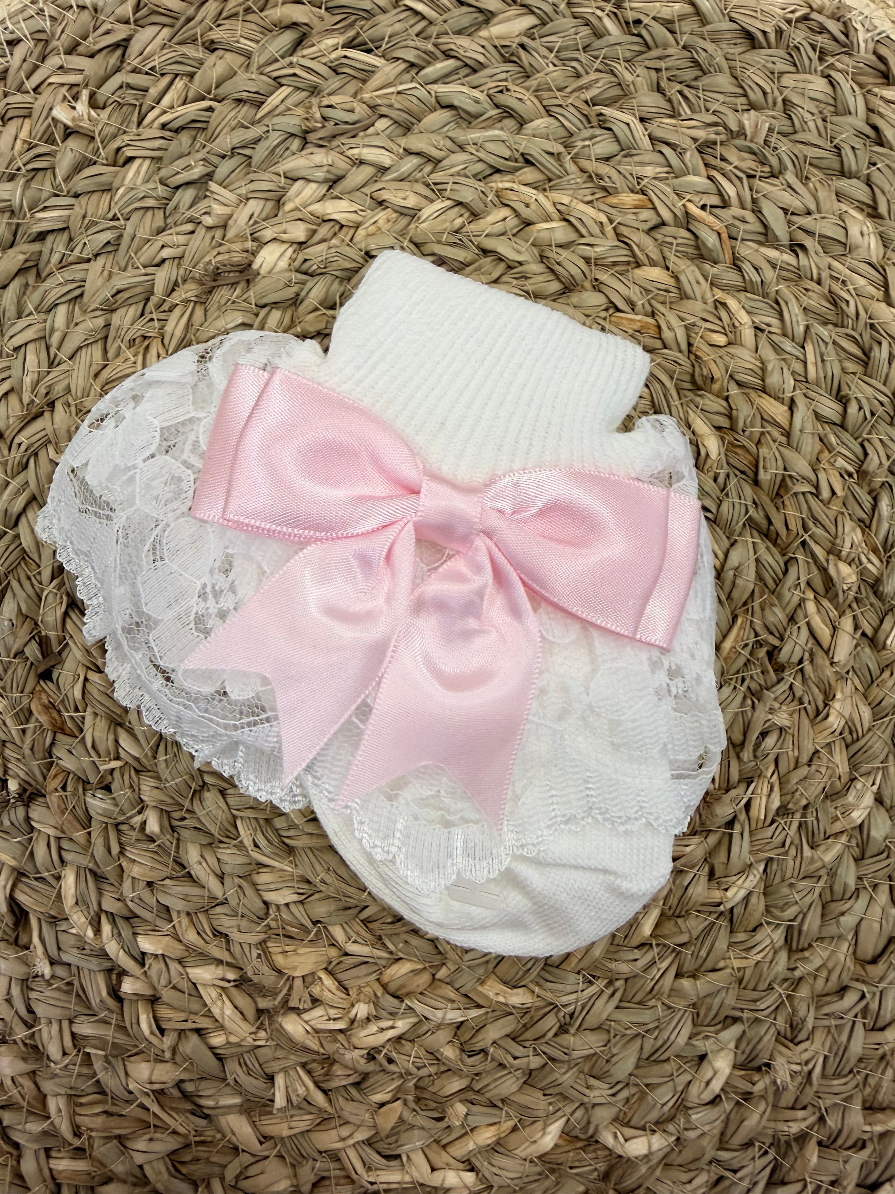Pink Lace Frill Bow Socks