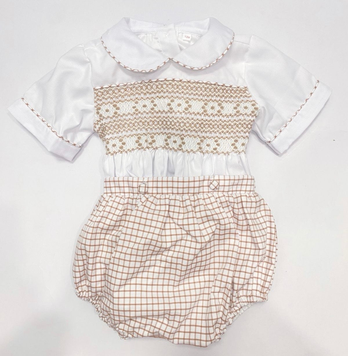 Bruno Exclusive Beige Hand Smocked Two Piece Romper