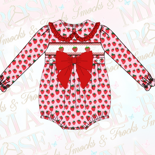 Strawberry Long Sleeved Exclusive Smocked Romper (Pre Order 5-6 Weeks Delivery)