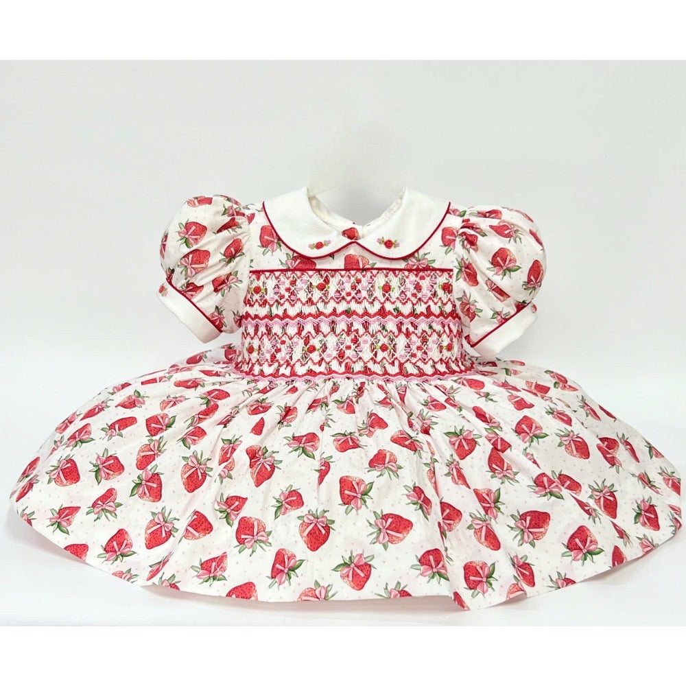 Strawberry Season Hand Smocked Dress With Knickers & Hair Accessories (Pre Order 1-2 Weeks Delivery)