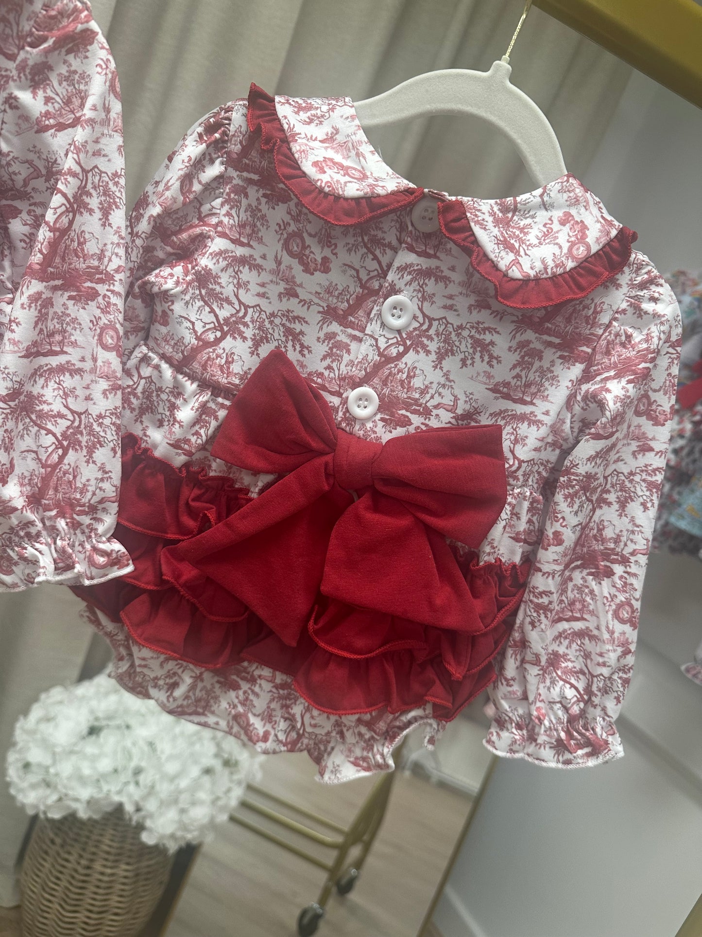 Plum Toile De Jouy Bow Back / Frill Bum Smocked Romper