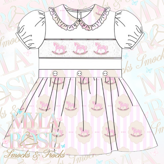 Pink Vintage Rocking Horse Smocked Skirt Set (Pre Order 5-6 Weeks Delivery)