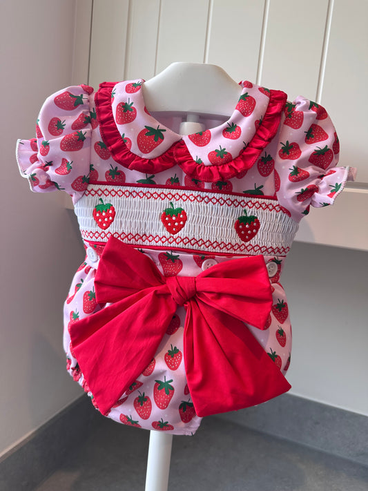 Strawberry Short Sleeved Exclusive Smocked Romper (Pre Order 5-6 Weeks Delivery)