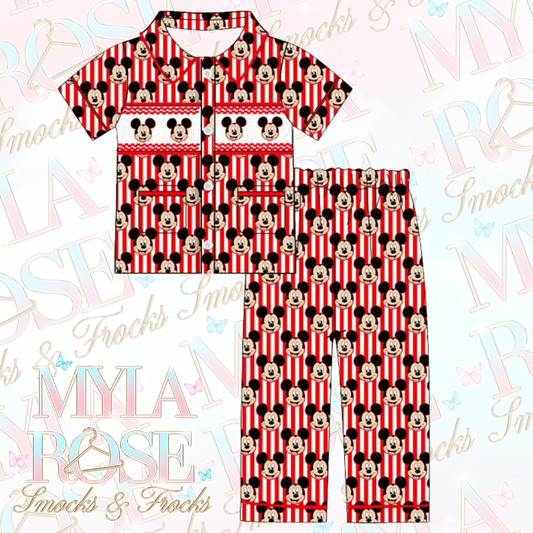 Striped Boys Mickey Mouse Exclusive Smocked Pyjamas (Pre Order 6-7 Weeks Delivery)