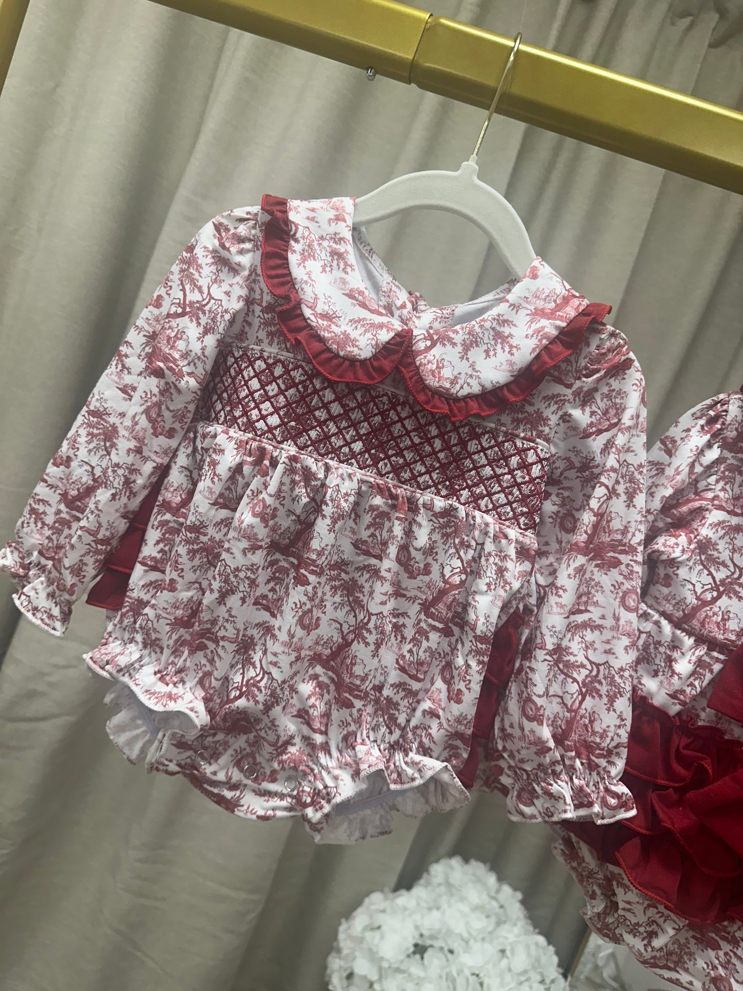 Plum Toile De Jouy Bow Back / Frill Bum Smocked Romper