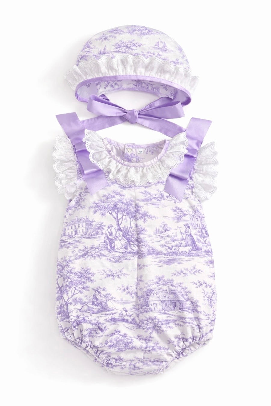 Lilac Toile Girls Romper & Bonnet (Pre Order)