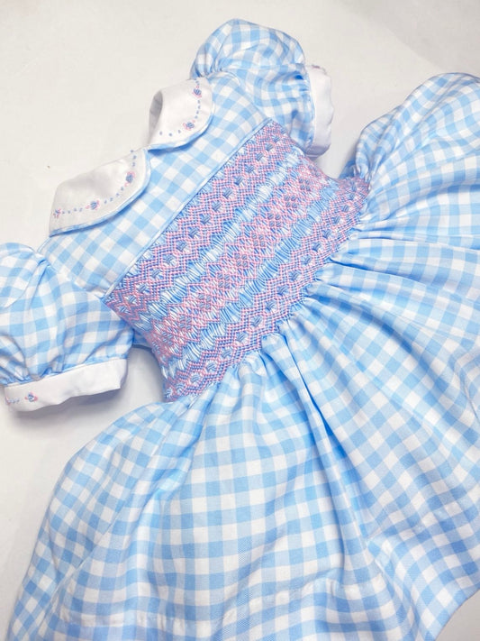 Elora Blue Checked Hand Smocked Dress With Knickers & Hair Accessories