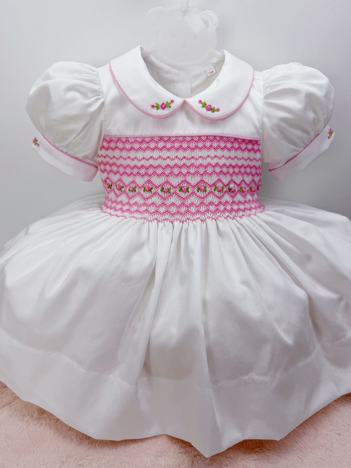 Rosie White / Pink Hand Smocked Dress With Knickers & Hair Accessories (Pre Order)