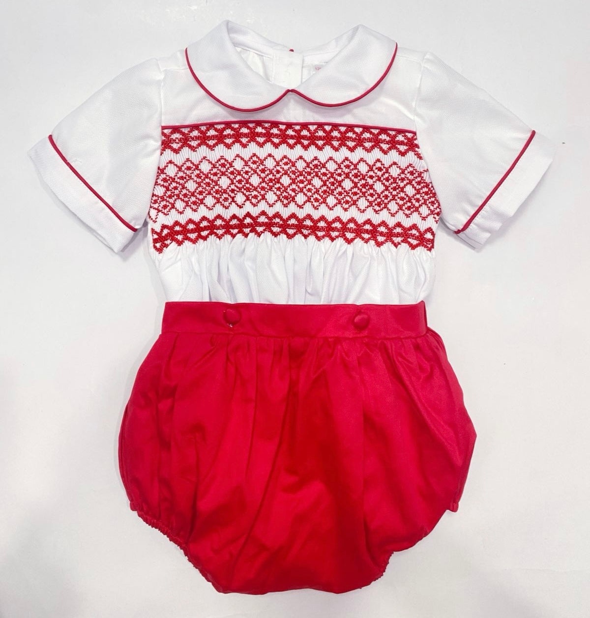 Ruby Red / White Exclusive Hand Smocked Two Piece Romper