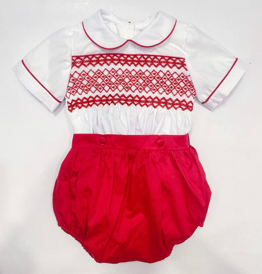 Ruby Red / White Exclusive Hand Smocked Two Piece Romper