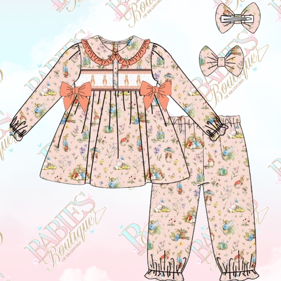 Exclusive Girls Easter Smocked Pyjama Set With Hair Bow (Pre Order 1-2 Weeks Delivery)