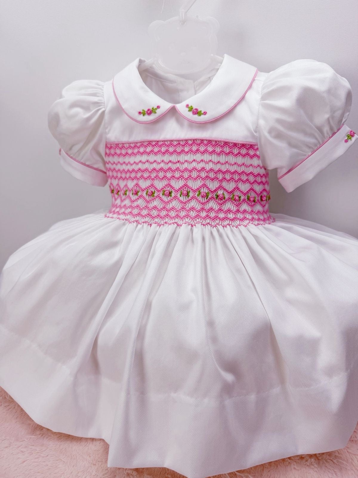 Rosie White / Pink Hand Smocked Dress With Knickers & Hair Accessories (Pre Order)