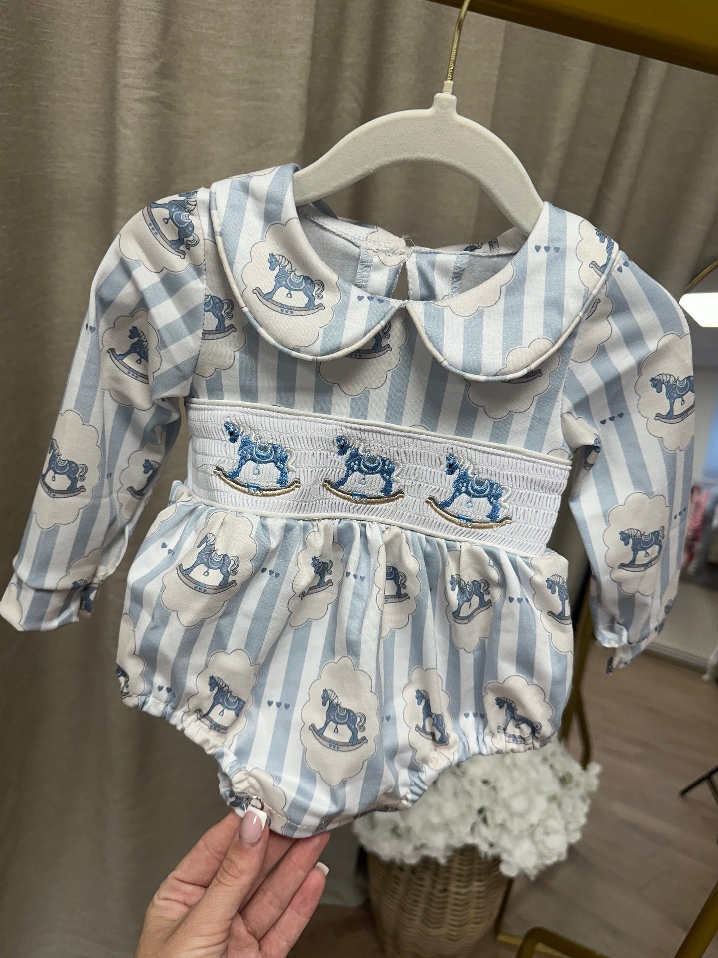 Blue Vintage Rocking Horse Boys Smocked Romper